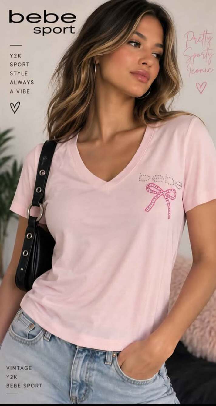 NWT Y2K Bebe Sport Pink Rhinestone Bow V-Neck Tee M